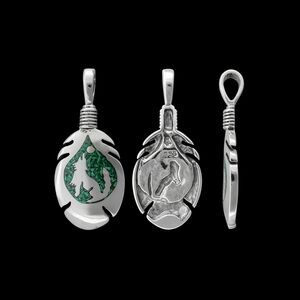 925 Sterling Silver Howling Wolf Feather Pendant, Tribal Pendant, Malachite...